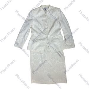 VTG Kasper 2pc Jacket Skirt Set 8 White Satin Paisley Tapestry Business Church